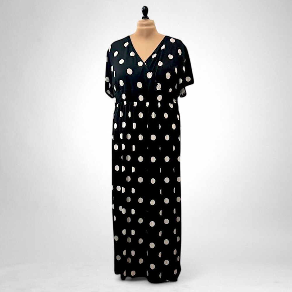 NY COLLECTION Black Dot Faux Wrap Front Knit Maxi Dress, NWT! Size 3X